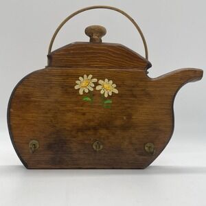 Vintage Wooden Tea Kettle Shape 3 Key Hook Hand Painted Daisy Cabincore Wall Art